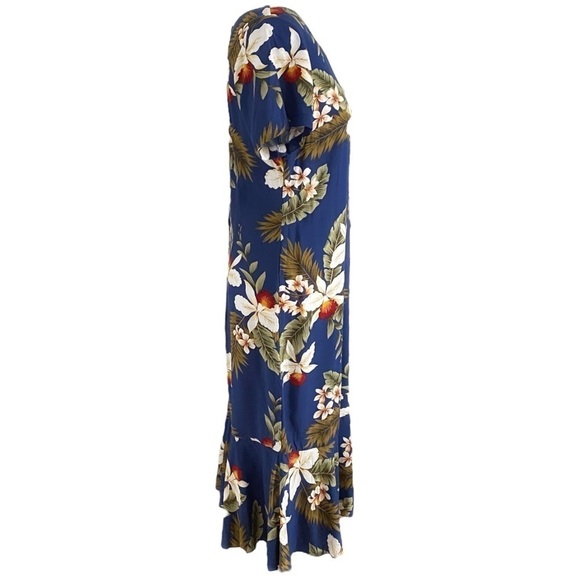 TWO PALMS NAVY HAWAIIAN FLORAL SHORT SLEEVE TRUMPET RUFFLE MAXI DRESS - S - Picture 2 of 8